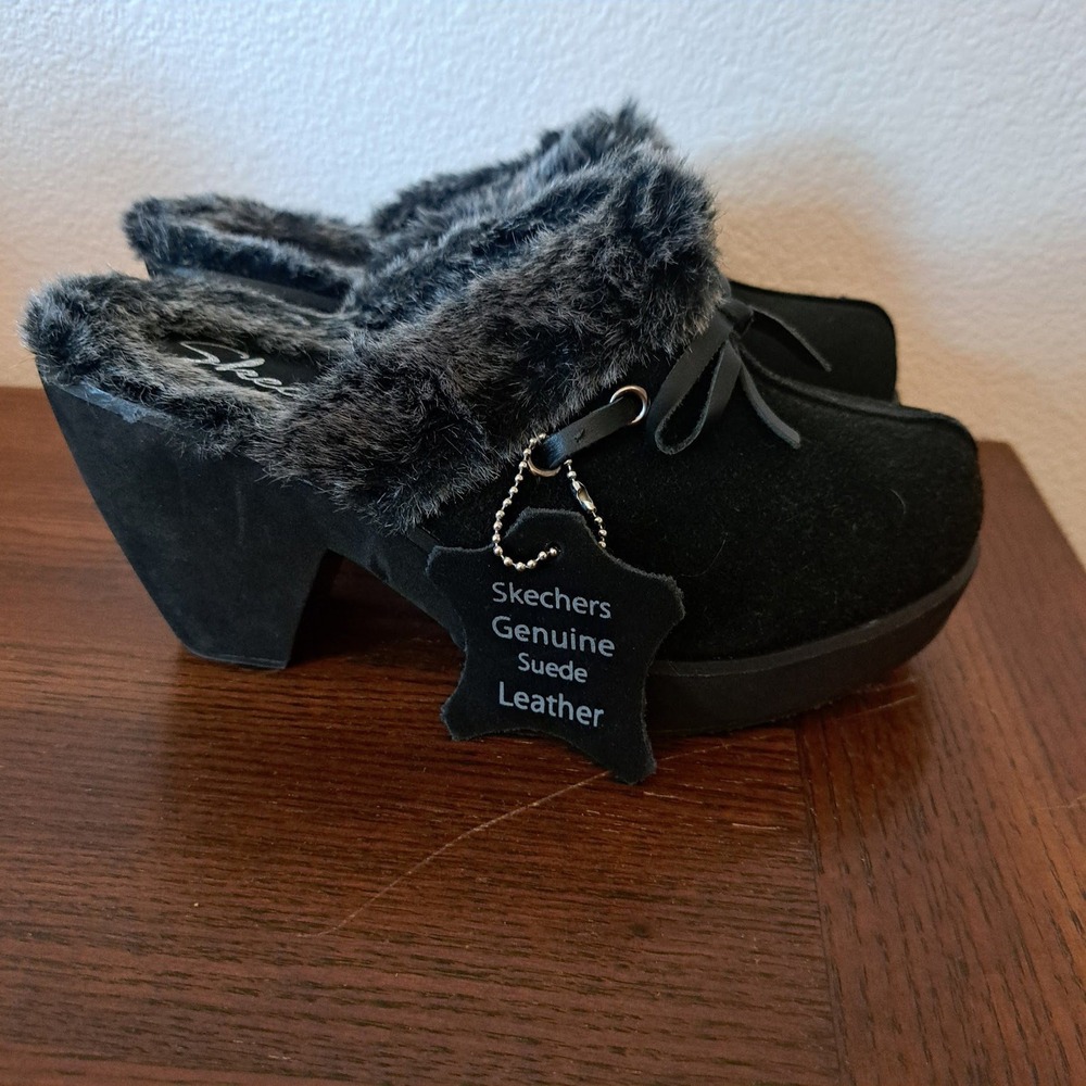 Skechers Disco Bunny-Boogie Black Suede Faux Fur Platform Clogs Mules 46924 US 6